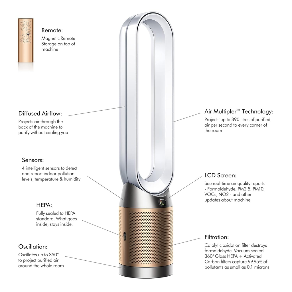 Dyson Purifier Cool Formaldehyde Air Purifier (Advanced Technology), HEPA + Catalytic Oxidation Filter, Wi-Fi Enabled, TP09 (White/Gold)