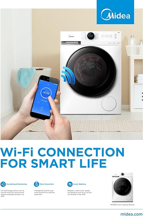 Midea 10KG Front Load Smart Washing Machine with Lunar Dial, 1400 RPM, 14 Programs, Fully Automatic Washer - MF200W100WBW